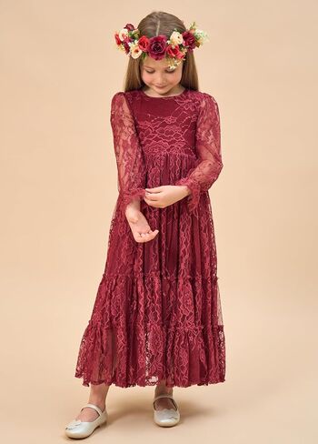 Flower Girl Dress Lace Boho Toddler Dresses Ruffle Girl Dress for Wedding Garden Party Holiday Communion Long Sleeve in Saudi Arabia