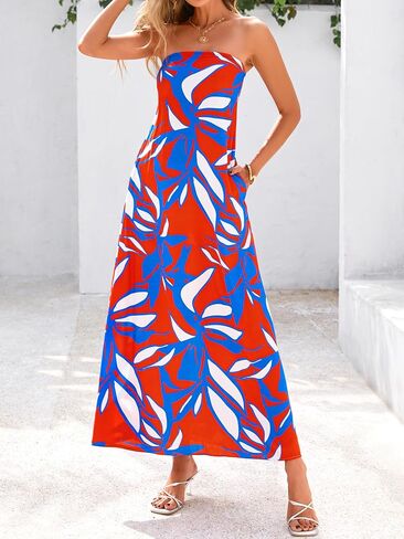 MASCOMODA Tube Strapless Top Dress for Women 2025 Summer Beach Long Maxi Dresses Smocked Boho Floral Flowy Resort Sundress in Saudi Arabia