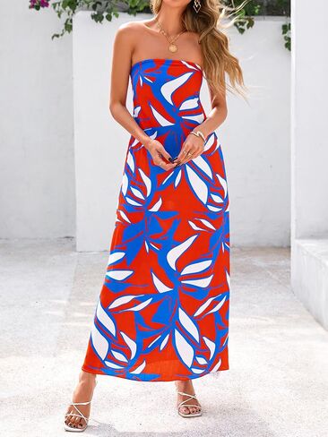 MASCOMODA Tube Strapless Top Dress for Women 2025 Summer Beach Long Maxi Dresses Smocked Boho Floral Flowy Resort Sundress in Saudi Arabia