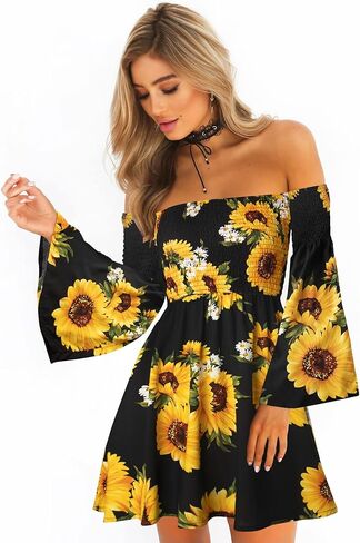 Women's Dress Summer Floral Long Sleeve Off Shoulder Casual Mini Dresses in Saudi Arabia