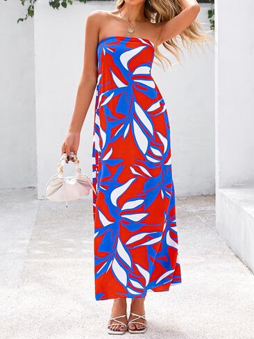 MASCOMODA Tube Strapless Top Dress for Women 2025 Summer Beach Long Maxi Dresses Smocked Boho Floral Flowy Resort Sundress in Saudi Arabia