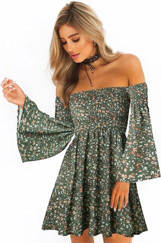 Women's Dress Summer Floral Long Sleeve Off Shoulder Casual Mini Dresses in Saudi Arabia