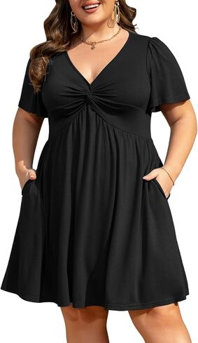 Womens Plus Size Summer Dress Casual Short Sleeves Deep V Neck Twist Knot Front Flowy Dress with Pockets in Saudi Arabia