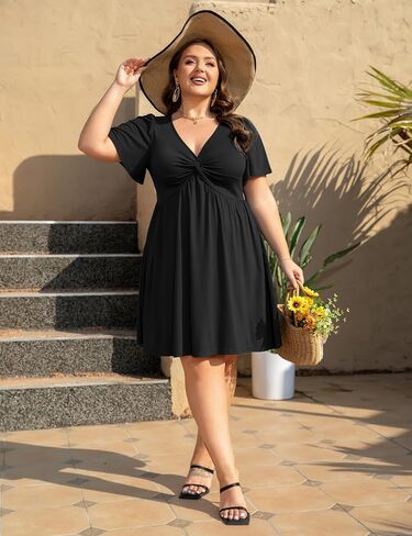Womens Plus Size Summer Dress Casual Short Sleeves Deep V Neck Twist Knot Front Flowy Dress with Pockets in Saudi Arabia
