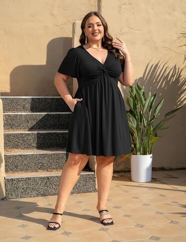 Womens Plus Size Summer Dress Casual Short Sleeves Deep V Neck Twist Knot Front Flowy Dress with Pockets in Saudi Arabia
