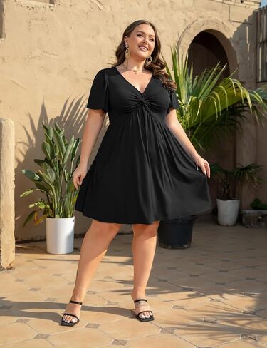 Womens Plus Size Summer Dress Casual Short Sleeves Deep V Neck Twist Knot Front Flowy Dress with Pockets in Saudi Arabia