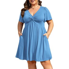 Womens Plus Size Summer Dress Casual Short Sleeves Deep V Neck Twist Knot Front Flowy Dress with Pockets