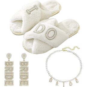 Bride to Be Gift Set I Do Bride Slippers, Bride Letter Bangle Earrings, Gold Bride Letter Necklace for Bride Gift Engagement Gift Wedding Gift Honeymoon Gift Bridal Shower Gift