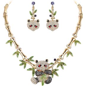 EVER FAITH Austrian Crystal Lovely Panda Bamboo Animal Plant Necklace Earrings Set