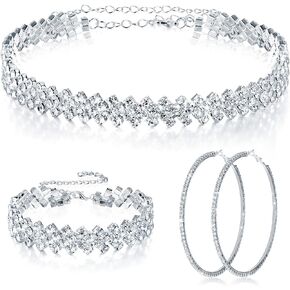 3 Pieces Women Rhinestone Jewelry Set Rhinestone Choker Necklace Crystal Bracelet Crystal Big Hoop Earrings for Wedding Bridal Party (Stylish 3 Row)