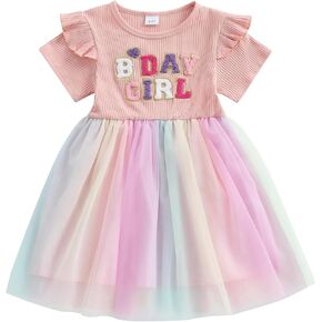 Toddler Baby Girl Tutu Dress Birthday Girl Embroidery Ruffle Ribbed Long Sleeve Tulle Romper Dresses Birthday Outfit