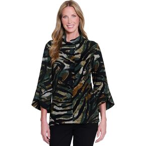 Ali Miles Women's Printed Knit Button Front Jacket Bell Sleeves Cuffs