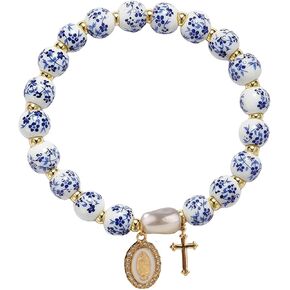 Atiptu Beads Bow Bracelet for Women Vintage Flower Bracelets Blue Ceramic Stretch Bracelets Gold Cross Beaded Bracelet Romantic Jewelry