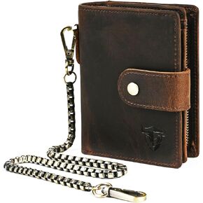 Oil Wax Genuine Leather Travel Gift Coin Pocket Card Case Vertical Chain Rfid Wallet Purse With Snap For Men Male 1804 (1804 Dark Brown)