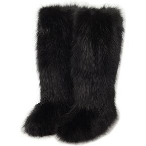 QMFUR Women's Furry Faux Fur Boot Fluffy Knee High Snow Boots Round Toe Suede Winter Comfy Plush Warm Outdoor Indoor Flat Shoes Fashion Boots