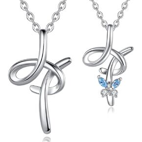 EUDORA Sterling Silver 2PCs Initial H Necklace Sets for Women Girl Letter Pendant with Blue Cubic Zirconia Butterfly