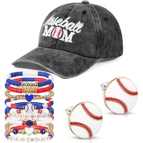 10 Pcs Mom Accessories Includes Mom Hat, 8 Pcs Stackable Beaded Stretch Bracelets and Earrings for Women Sports Lover Mother's Day Gift