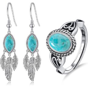 Turquoise Ring & Earrings Set for Women 925 Sterling Silver Vintage Western Turquoise Jewelry for Her