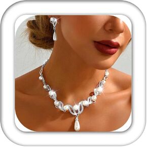 CLOACE Gold Pearl Bridal Wedding Jewelry Set Rhinestone Necklace Earrings Sets Costume Jewelry for Women and Brides