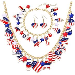 4th of July Earrings Necklace Bracelet American Flag Star USA Heart Icream Butterfly Charm Necklace Bracelet Fourth of July Red White and Blue Patriotic Jewelry Set for Women Girls