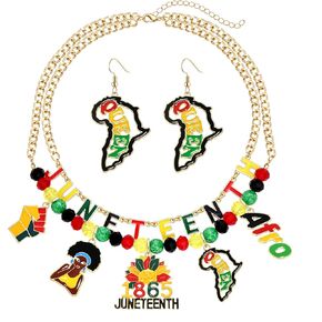 Juneteenth Necklace Earrings Bracelet for Women African Beaded Pendant Necklace Black Women Fist Hoop Dangle Earrings Afro Juneteenth Stretch Bracelet Black History Month Jewelry Set Gifts