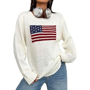Wyeysyt Women's Flag Graphic Long Sleeve Sweater Knit Round Neck Pullover Loose Sweater Top
