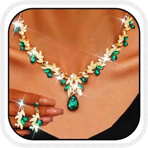 Unicra Rhinestone Bridal Wedding Jewelry Sets Gold Necklace Earrings Set Leaf Prom Formal Costume Jewelry Set for Women and Brides