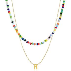 18K Gold Plated Layered Initial A-Z Necklace for Women Rainbow Gemstone Choker Set Colorful Summer Beach Jewelry Gifts Sister, best friend, Birthday.Anniversary or teens