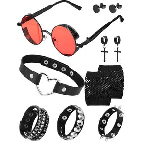 8 Pcs 80s Costume Accessories Retro Goth Steampunk Sunglasses Punk Bracelets Cross Earrings for Women Men