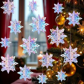 15pcs 3D Large Iridescent Paper Snowflakes Winter Ornament - Snowflakes in 3 Sizes Hanging Ornaments for Winter Wonderland Decorations Frozen Birthday Party Supplies