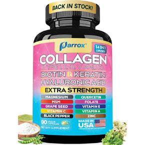 Collagen Peptides Types I, II, III, V & X, MCG Biotin, Keratin, Hyaluronic Acid, MSM, Zinc, Grape Seed Extract, Quercetin, Vitamin A, Vitamin C, Vitamin E, Magnesium, Folic Acid (90 Capsules)