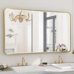 LED Bathroom Mirror with Lights, 48x28 Inch Gold Metal Framed LED Mirror for Bathroom, 3 Colors and Stepless Dimmable Wall Mounted Lighted Bathroom Vanity Mirror, Anti-Fog, Memory