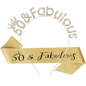 CIEHER 50th Birthday Crown & Sash, Gold Tiara & Sash Set for Women, 50th Birthday Decorations & Gifts