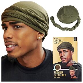 Kiss Colors & Care Premium Satin-Satin Satin Turban ، للجنسين ، التفاف الرأس مسبقًا من أجل LOCS ، الضفائر ، والأمواج ، الملحقات الواقية لجميع أنواع الشعر ، عدد 1 ، الزيتون