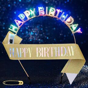 Light Up Birthday Headband LED Gold Rhinestone Happy Birthday Crown and Sash Glitter Accessory Set for Women