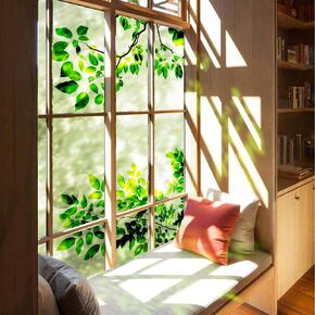 Watercolor Floral Window Sticker, Static Cling Window Clings, Stained Double Sided Window Decals for Glass Windows Door Decor, Leaves with Branch