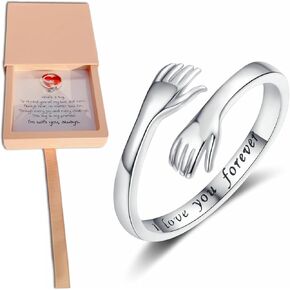 Hug Ring for Women with Apricot Floating Box, Adjustable 925 Sterling Silver Plated Hope Rings with I Love You Forever Engraved, Ideal for Friendship & Family: Moms, Daughters & Close Friends