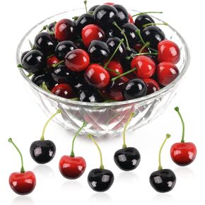 Artificial Cherry Fruit Fake Cherries Red Simulation Red Black Cherries Artificial Cherry Decorations Fake Fruit Model Home House Kitchen Party Decoration 100 PCS (Black Red)