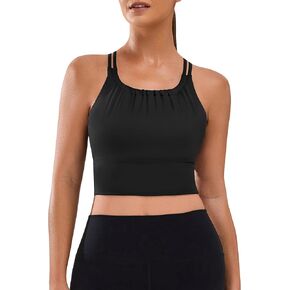 BMJL Women's Workout Tank Top Bulit in Bra Removable Pad Racerback Athletic Gym Yoga Camisole Smocked Neck Cropped Top