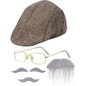 6PCS Grandpa Accessories Set, 100 Day of School Old Man Costume, Fancy Old Man Costume Adult for Halloween Including Hat Brown