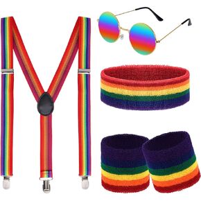 Pride Costume Set for Women Men Rainbow Outfits Suspenders Sunglasses Striped Sweatband for Pride Month Parades Party