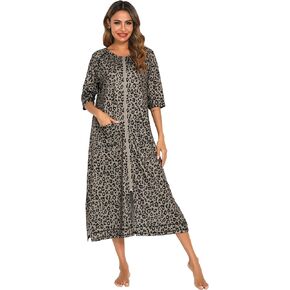 RONGTAI Womens Nightgowns Half Sleeve Zipper Sleepshirts Lounge Comfy Housecoat Sleep Robe Fashion Printed with Pockets S-XXL