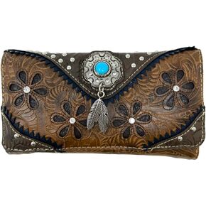 Western Native American Tooled Leather Wallet - Country Style Feather Trifold for Women - Brown