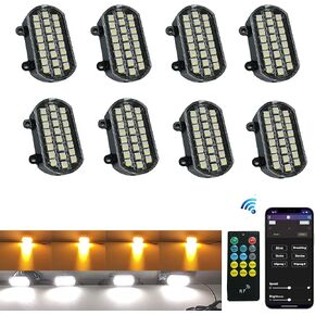 8Pcs White Amber LED Strobe Rock Light kit APP RF Remote Control Waterproof Emergency Warning Flash Aceent Underglow Wheel Well Side Marker Lights for Truck Car ATV RZR SUV Golf Cart Pickup