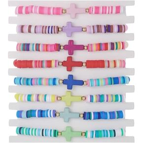 Heishi Surfer Bracelets Set for Women Girls Bohemian Rainbow Stackable Clay Beaded Bracelets Christian Cross Gifts Disc Stretch Preppy Layering Colorful Friendship Summer Beach Bracelets in Kuwait