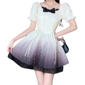 Puff Sleeve Dress with Bow Tie Lace Trim and Pleated Skirt - Kawaii Cute Lolita Dress for Women