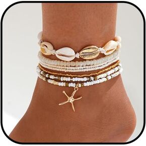 Shell Ankle Bracelets for Women Boho Gold Pearl Starfish Necklace Adjustable Beaded Puka Shell Anklet Hawaiian Summer Beach Jewelry