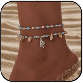 Shell Bead Anklet - Bohemian Braided Beach Ankle Bracelet with Natural Seashells & Blue white Beads, Waterproof Summer Jewelry for Vacations/Seaside Parties, Women's Boho Foot Accessories