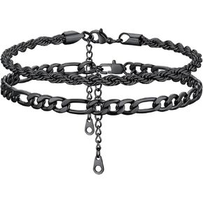 KeyStyle Ankle Bracelets Set for Women, 14k Gold Plated Anklets Stainless Steel Rope Figaro Cuban Snake Wheat Chain Layered Anklet Pack Summer Jewelry(2PCS, 3PCS)