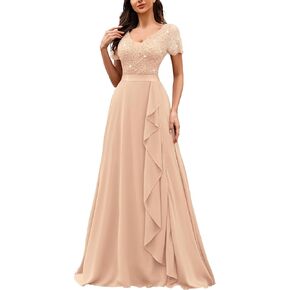 Miusol Women's Classy V-Neck Ruffle Floral Lace Hem Trim Sequined Maxi Bridesmaid Dress